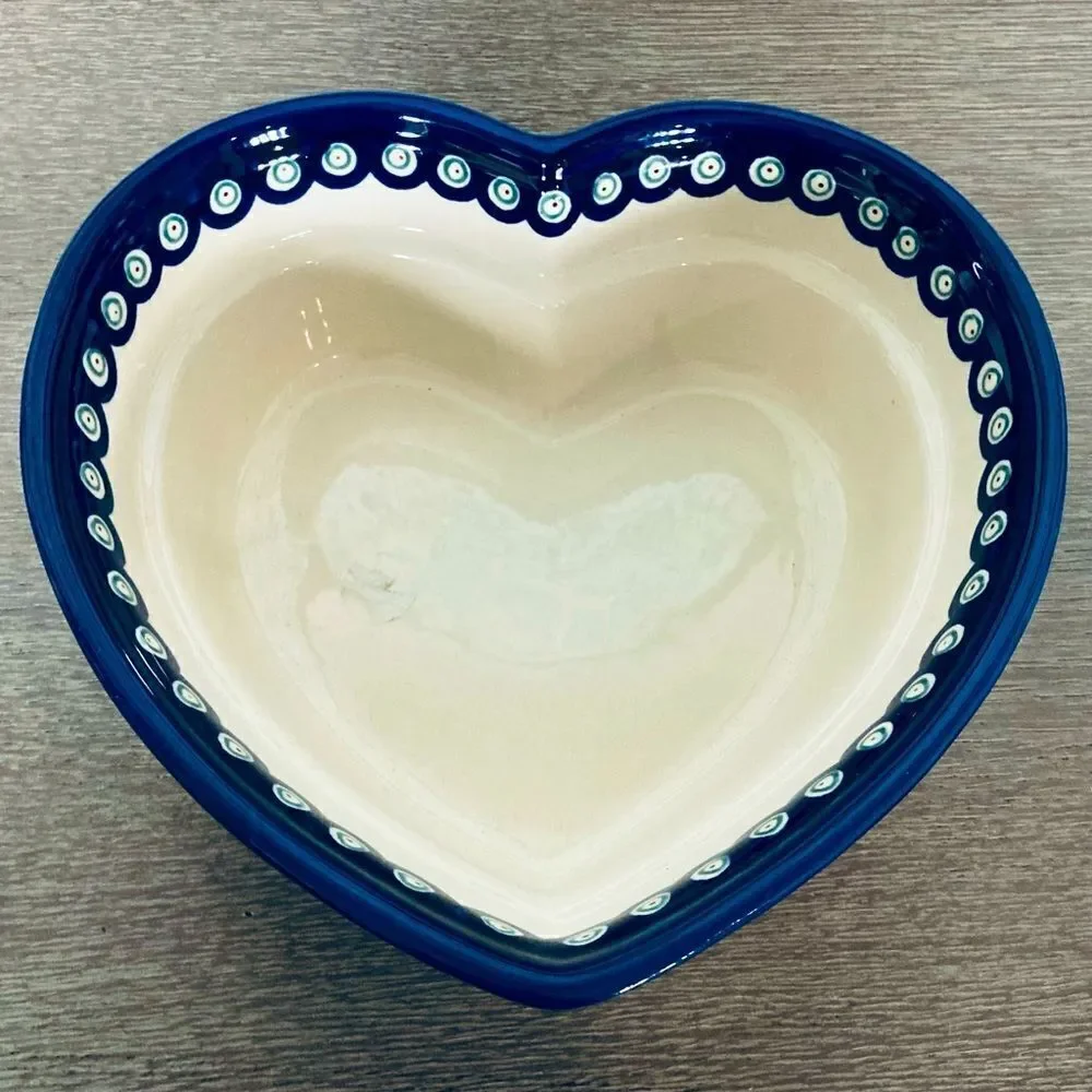 Boleslawiec Heart Shape Peacock Polish Pottery Ceramic Bowl Dish
